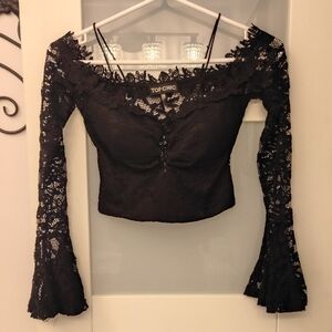 Black Lace Bell Sleeve Blouse